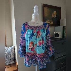John Mark Size M Blue Pink Floral Bohemian Ruffle Top
